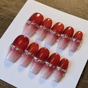 *handmade* red white ombre diamond halloween press on nails coffin